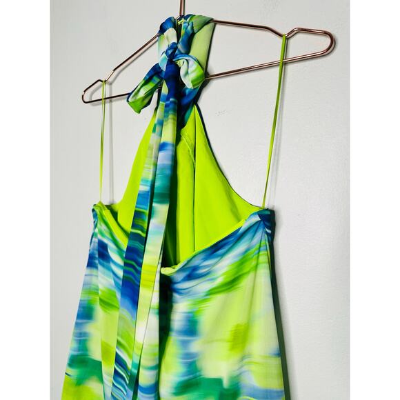 ONE33 SOCIAL Green Blue Watercolor Abstract Halter Neck Tie Dye Dress Gown SZ 4 - Picture 13 of 16